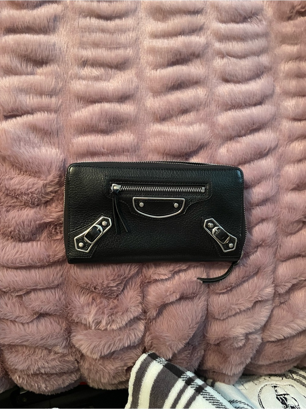 Balenciaga Black Leather Zip Wallet with Silver Hardware